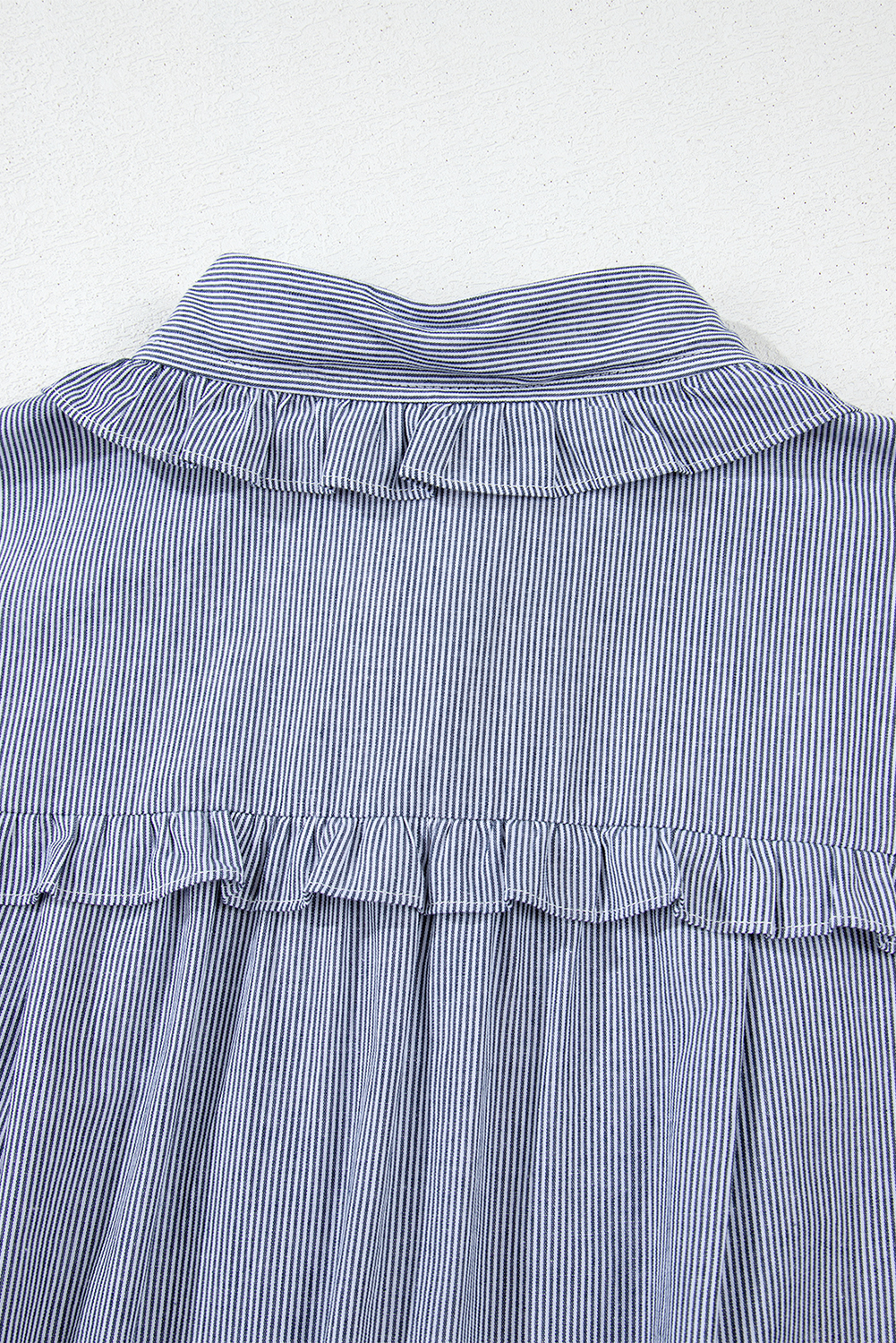 Blue Stripe Frilled Sleeveless Collar Front Pocket Button Up Mini Dress