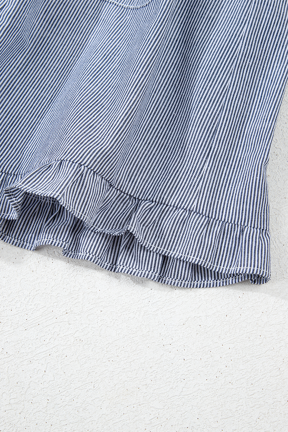 Blue Stripe Frilled Sleeveless Collar Front Pocket Button Up Mini Dress