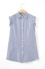 Blue Stripe Frilled Sleeveless Collar Front Pocket Button Up Mini Dress