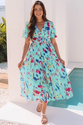 Sky Blue Abstract Print Short Puff Sleeve Tiered Maxi Dress LC6122942-P420