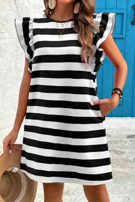 Black Stripe Flutter Sleeve Round Neck Shift Dress LC6125356-P219
