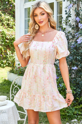 Pink Floral Puff Sleeve Square Neck Knotted Open Back Ruffled Mini Dress LC6124510-P1020