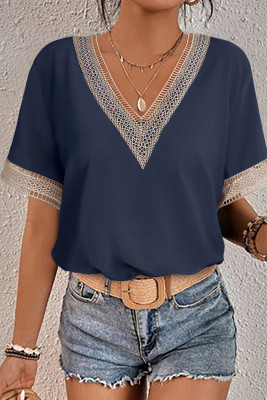 Blue Lace Trim V Neck Short Sleeve Blouse LC25118904-105