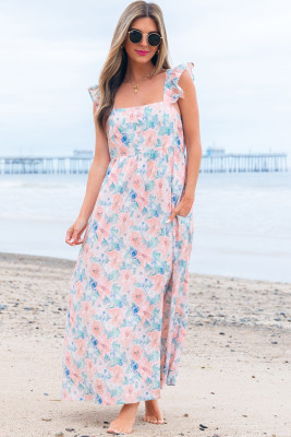Pink Floral Print Square Neck Backless Long Dress with Slit LC6122948-P1020