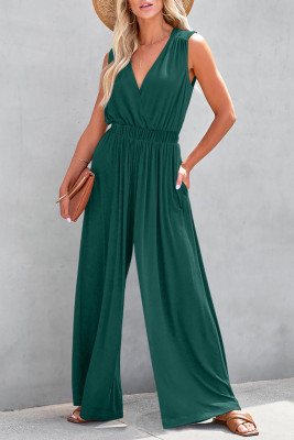 Blackish Green Deep V Pleated Crisscross Wide Leg Backless Jumpsuit LC6412921-P309
