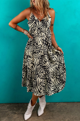 Khaki Tropical Palm Print Wrapped V Neck Spaghetti Straps Tiered Dress LC6124409-P1620