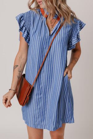 Sky Blue Stripe Frilly Split Neck Shirred Ruffle Sleeve Short Shift Dress LC6123503-P419