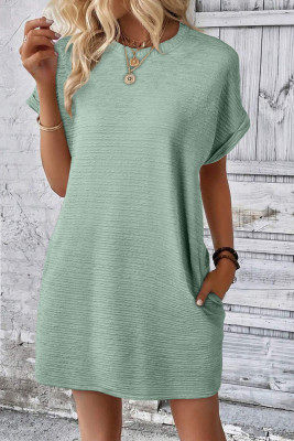 Grass Green Solid Color Textured Crinkle Short Sleeve T Shirt Dress LC6123474-P1109
