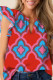 Red Abstract Floral Print Trimmed Flutter Sleeve Blouse