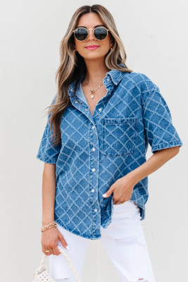 Dusk Blue Checkered Textured Short Sleeve Patched Pocket Denim Shirt LC7821339-P704
