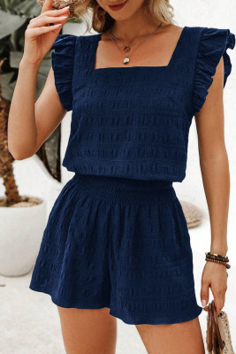 Dirty blue Textured Square Neck Top and Shirred High Waist Shorts Set LC627669-P1005