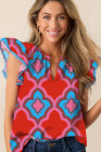 Red Abstract Floral Print Trimmed Flutter Sleeve Blouse