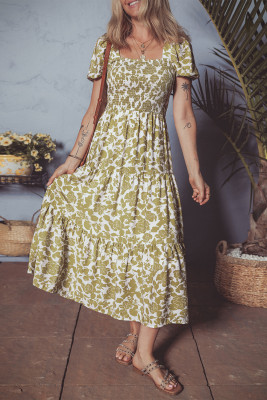 Yellow Boho Floral Square Neck Smocked Bust Puff Sleeve Tiered Long Dress LC6123637-P720