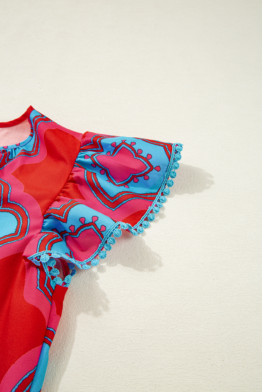 Red Abstract Floral Print Trimmed Flutter Sleeve Blouse