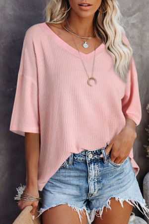 Light Pink Waffle Texture Ribbed V Neck Drop Shoulder Loose Tee LC25223638-P1010