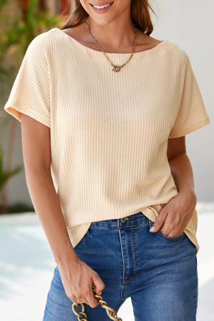 Light French Beige Waffle Knit Boat Neck Short Sleeve Top LC25126129-P4016