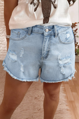 Beau Blue High Rise Distressed Raw Hem Denim Shorts LC7831892-P804
