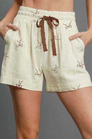 White Bow Print Lace Drawstring Elastic Waistband Casual Shorts LC7311013-P120