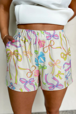 White Cheerful Bow Print Elastic Pull On Casual Shorts LC7311066-P120