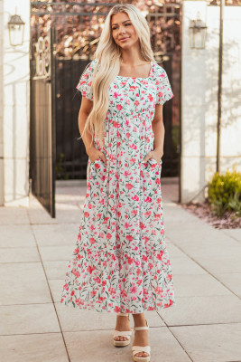 Pink Floral Puff Sleeve Square Neck Empire Waist Tiered Maxi Dress LC6124210-P1020