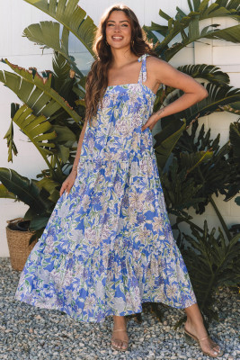 Sky Blue Floral Print Self-tie Straps Flowy Ruffle Long Dress LC6123266-P420