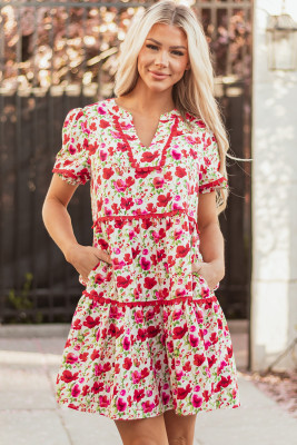 Red Floral Puff Sleeve Tiered Ric Rac Pocketed Mini Dress LC6125309-P10320