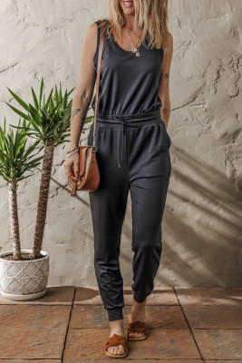 Black Casual Tank Style Tie Waist Pocketed Jogger Jumpsuit LC6414258-P2