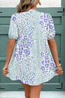 Sky Blue Leopard Contrast Bow Puff Sleeve Mini Dress
