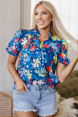 Blue Flower Print Collared V Neck Puff Short Sleeve Loose Blouse LC25131240-P520