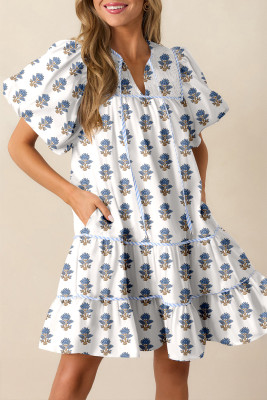 Sky Blue Floral Puff Sleeve Tied Neck Pocketed Mini Dress LC6124449-P420