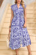 Dirty blue Shirred Waist V Neck Sleeveless Floral Print Midi Dress
