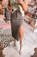 Brown Leopard Denim Frayed Split Denim Midi Skirt