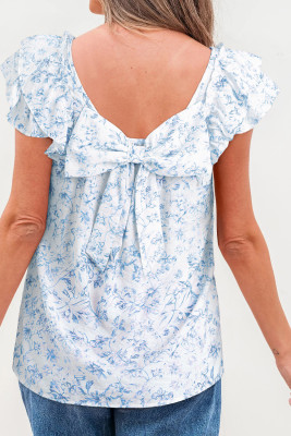 Sky Blue Floral Ruffled Short Sleeve Bow Back Square Neck Blouse LC25132285-P420