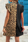 Black Leopard Contrast Patchwork Ruffled Sleeve Short Shift Dress