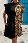 Black Leopard Contrast Patchwork Ruffled Sleeve Short Shift Dress