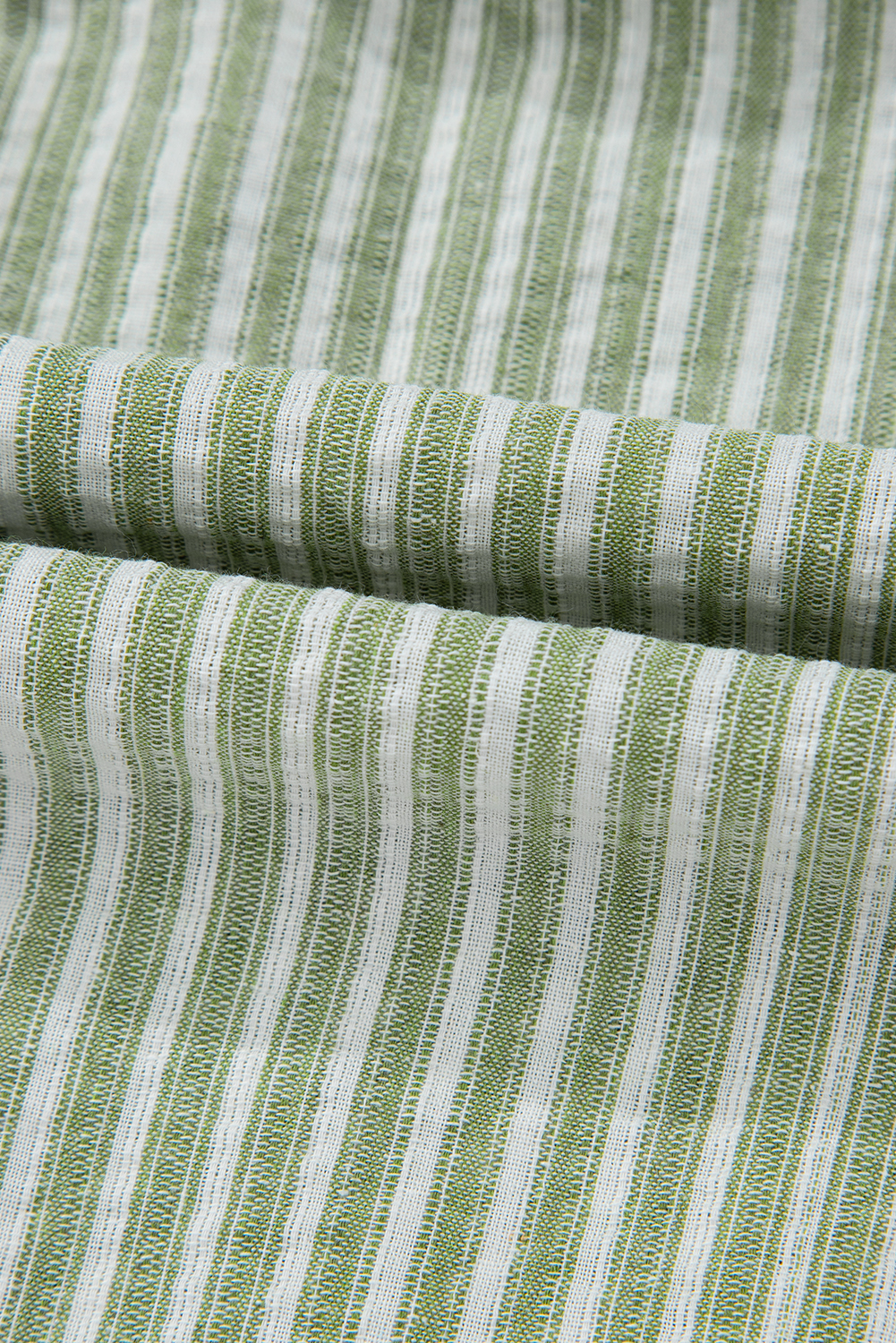 Green Stripe Textured Round Neck Short Puff Sleeve Blouse