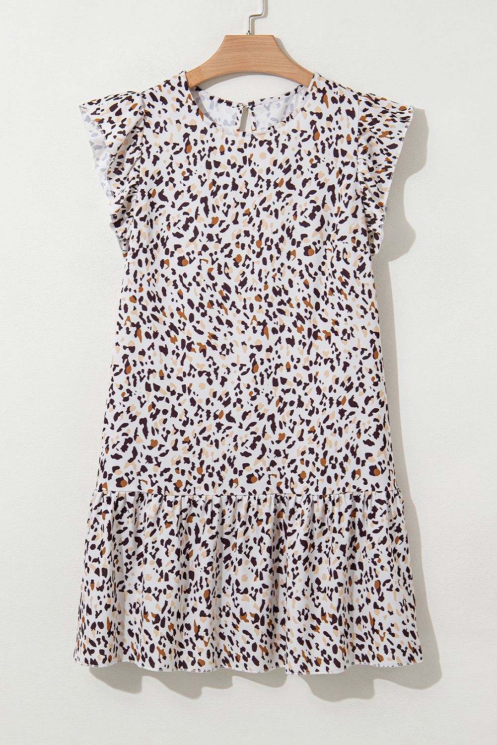 Khaki Leopard Ruffled Flutter Sleeve Keyhole Back Mini Dress