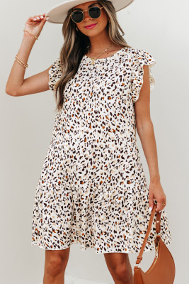 Khaki Leopard Ruffled Flutter Sleeve Keyhole Back Mini Dress LC6123312-P1620