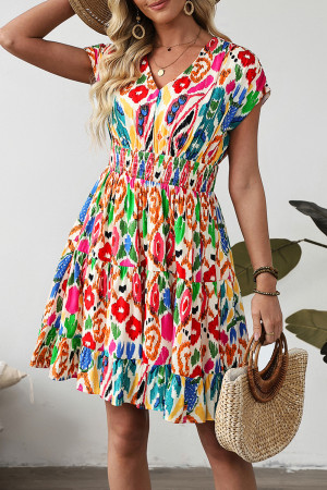 Sky Blue Abstract Print V Neck Dolman Sleeve Ruffle Tiered Mini Dress LC6124331-P420