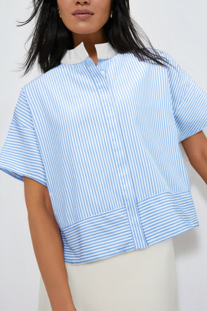 Sky Blue Stripe Contrast Collar Patchwork Hidden Button Short Sleeve Summer Shirt DLM202501092-P419