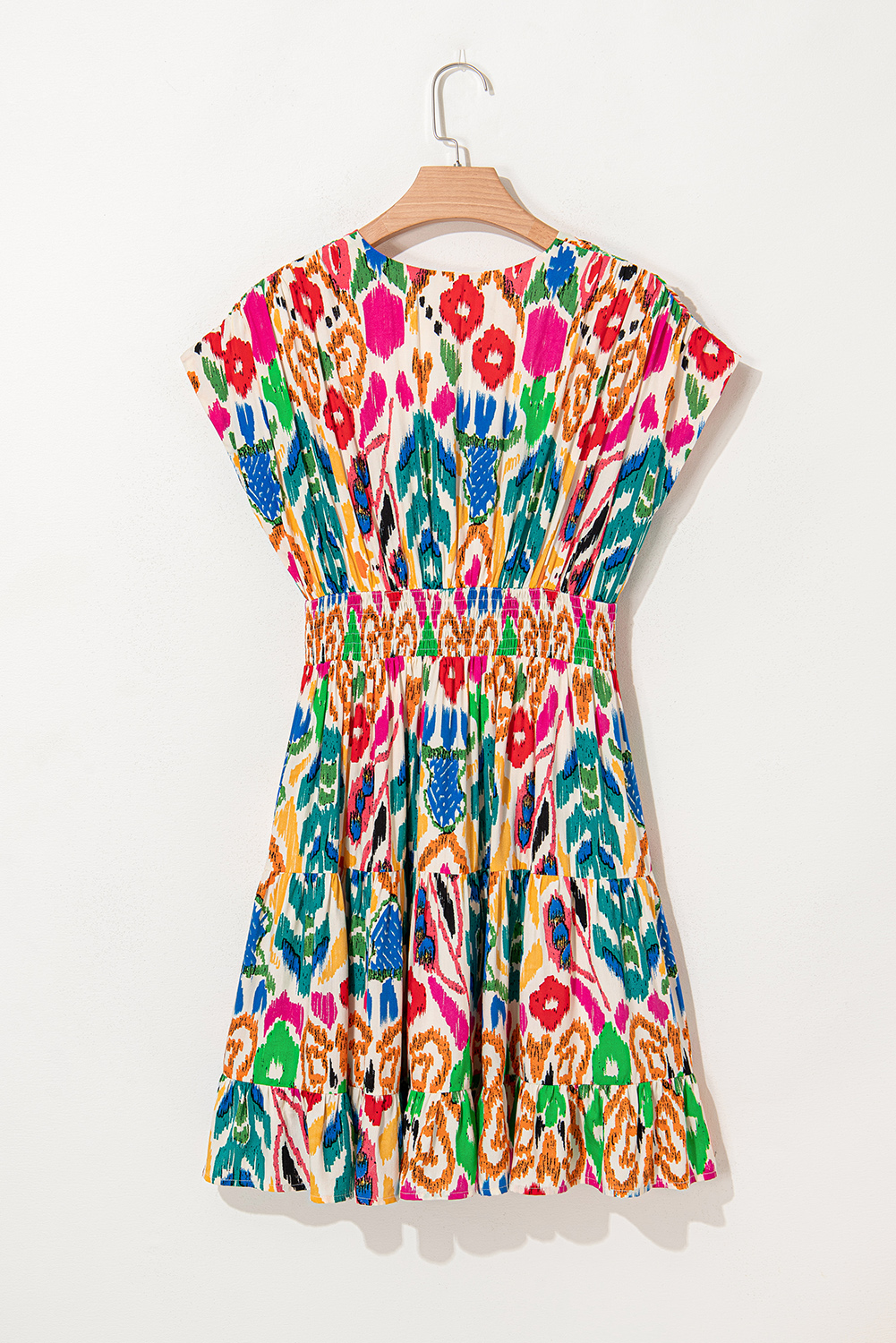 Sky Blue Abstract Print V Neck Dolman Sleeve Ruffle Tiered Mini Dress