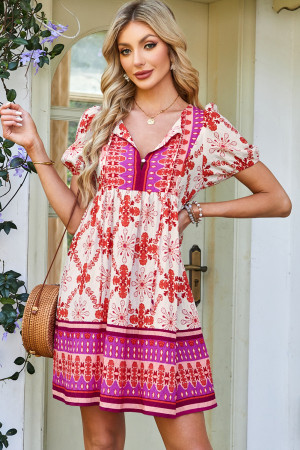 Rose Boho Floral Short Sleeve Lace-up V Neck Mini Dress LC6124759-P620