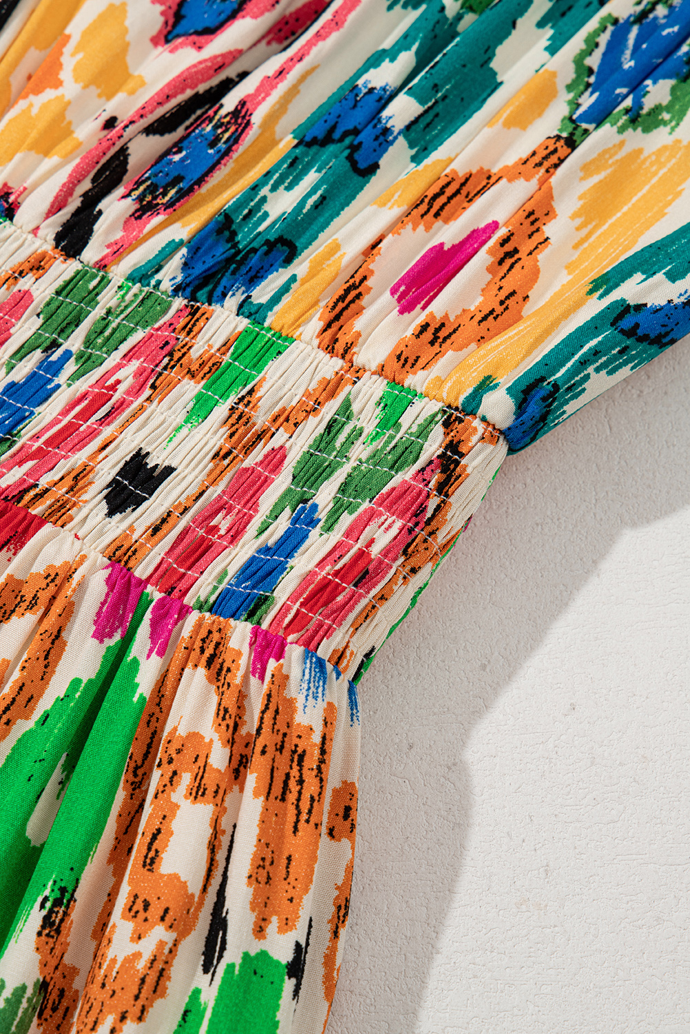 Sky Blue Abstract Print V Neck Dolman Sleeve Ruffle Tiered Mini Dress