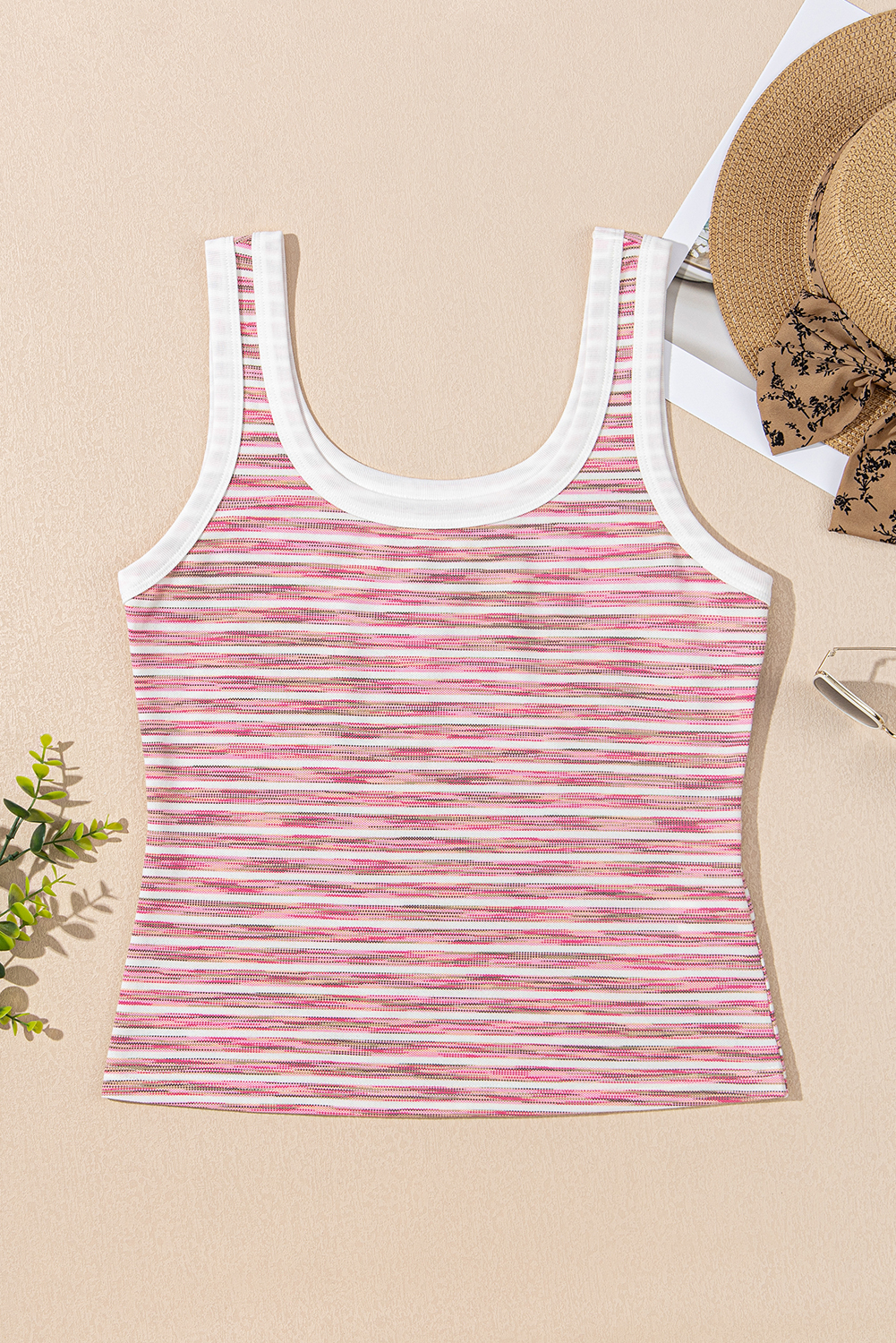 Pink Stripe Contrast Trim Yarn-dyeing Knit Tank Top