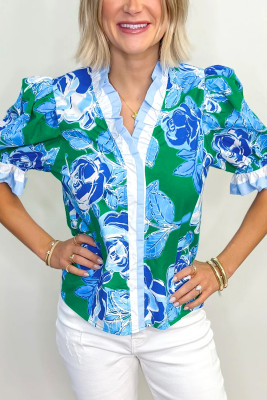 Bright Green Floral Frilled V Neck Short Sleeve Blouse Top LC25131672-P109