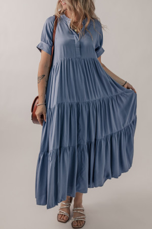 Ashleigh Blue Hidden Buttons Short Sleeve Ruffle Tiered Long Flared Dress LC6124391-P604