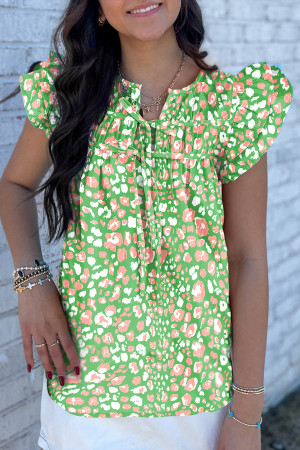 Green Abstract Leopard Tied Front Flutter Sleeve Blouse LC25132184-P920