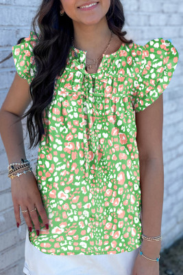 Green Abstract Leopard Tied Front Flutter Sleeve Blouse LC25132184-P920