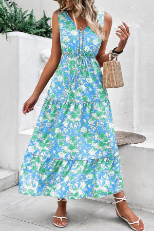 Sky Blue Floral Print Trimmed V Neck Tie Waist Sleeveless Holiday Long Dress LC6123821-P420