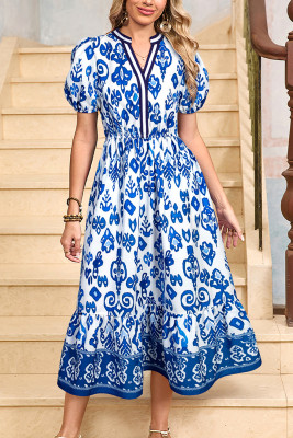 Blue Floral Puff Short Sleeve V Neck High Waist Maxi Dress LC6123188-P520